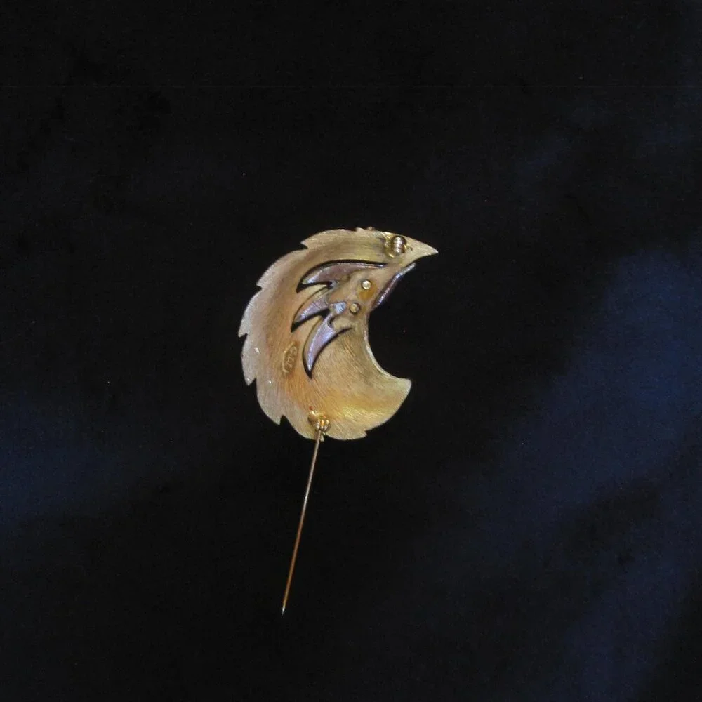 Vtg Signed JJ Jonette Brushed Gold Plated Clear Rhinestone Leaf Pin Brooch MCM